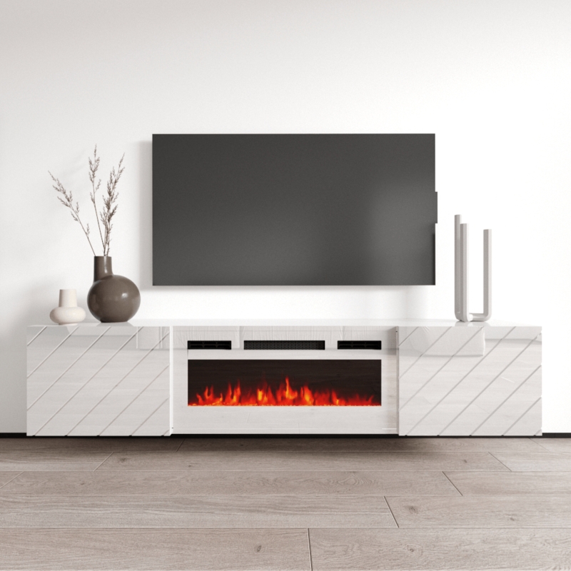 Wall Mounted TV Stand Diagonal Grooves Electric Fireplace White