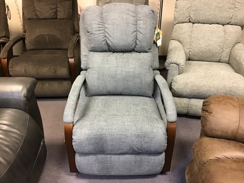 Wall Recliner Stonewash Blue Fabric Curved Wood Arms Segmented Back
