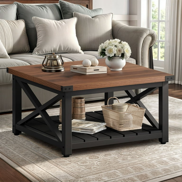 Walnut and Black Coffee Table X-Brace Sides Slatted Shelf Square