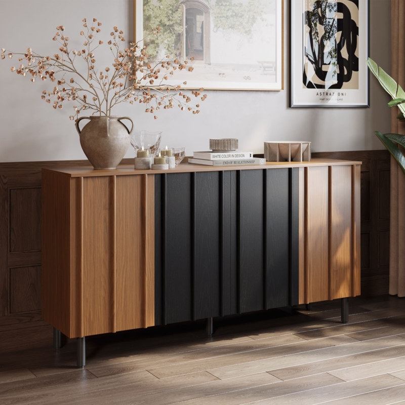 Walnut and Black Slatted Sideboard with Metal Legs
