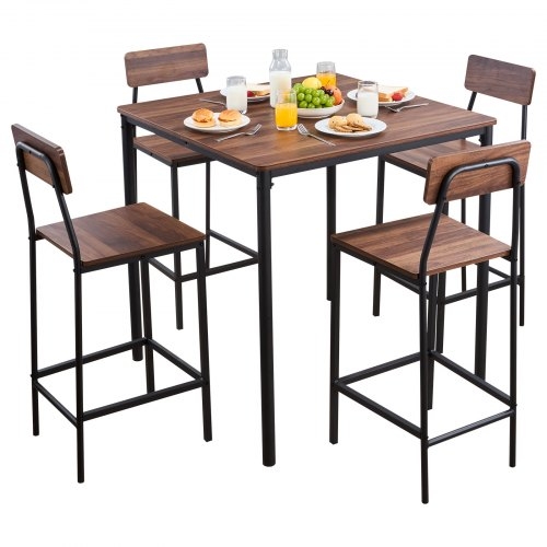 Walnut Bar Table Set 5 Piece with Rounded Edge Design Black Frame