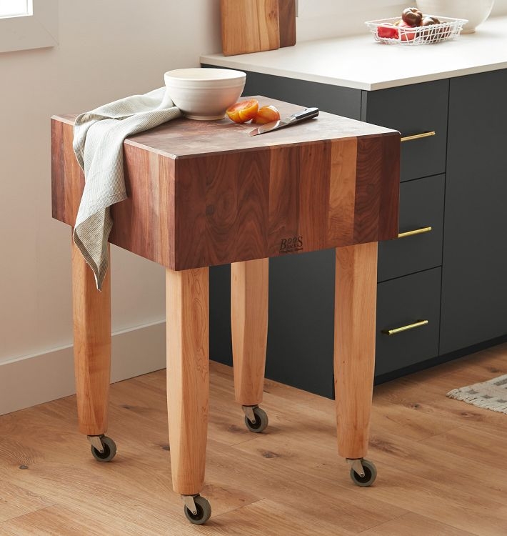 Walnut Butcher Block Island with Extra Thick Top and Tapered Legs