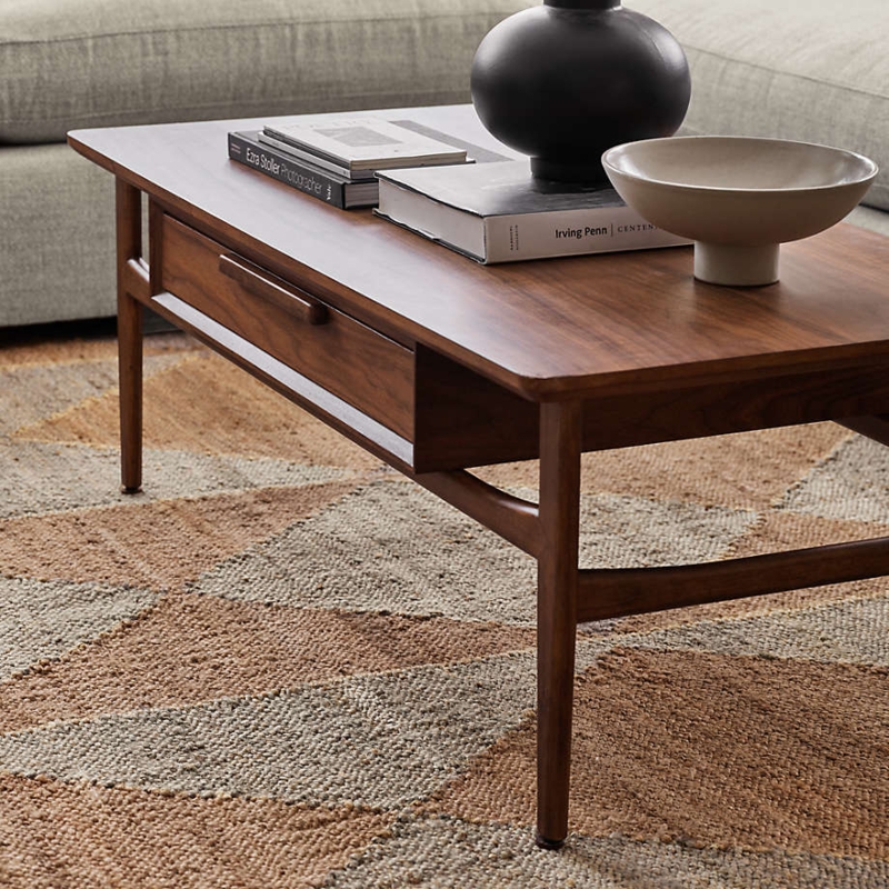 Walnut Coffee Table featuring Tapered Legs and a Horizontal Pull Handle