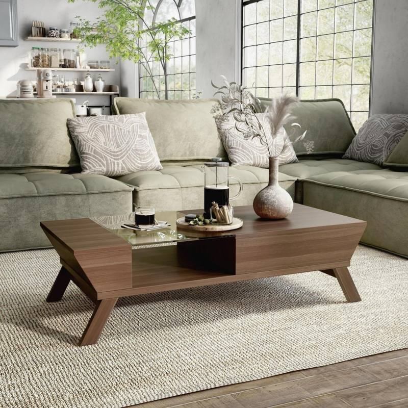 Walnut Coffee Table Glass Top Insert, Mid Century Modern Splayed Legs
