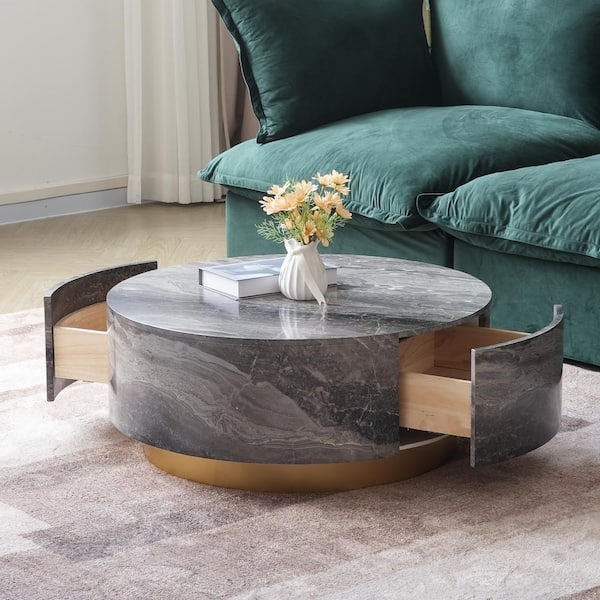 Walnut Coffee Table, Round Drum Silhouette, Integrated Storage Drawers