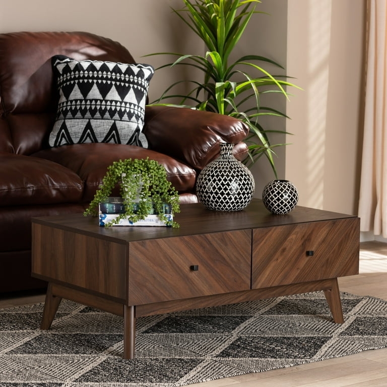 Walnut Coffee Table with Chevron Drawer Fronts, Tapered Legs, Storage