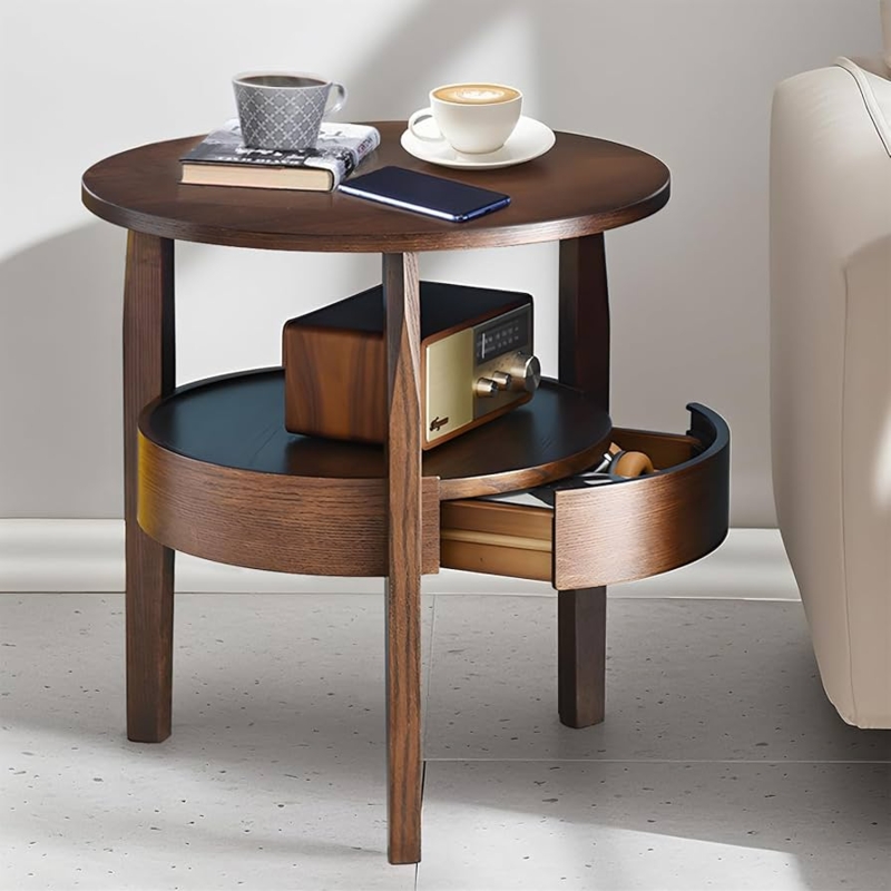Walnut End Table Curved Sliding Drawer Hidden Storage Tripod Base