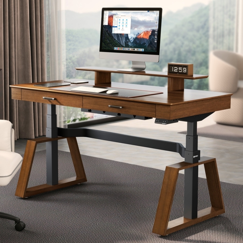 Walnut Executive Standing Desk Integrated Drawers Monitor Riser