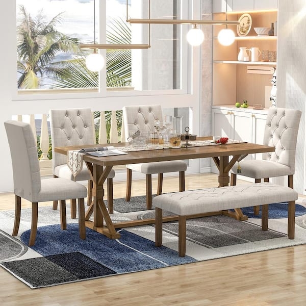 Walnut Farmhouse Dining Set with Trestle Table & Tufted Chairs