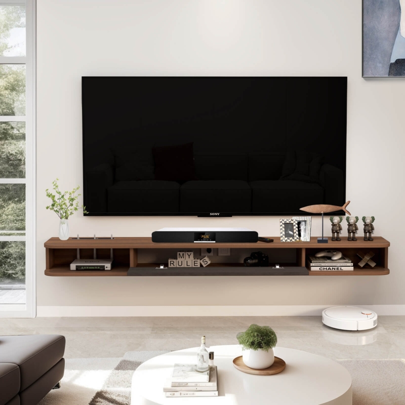 Walnut Floating TV Stand with Rounded Corners and Slim Profile