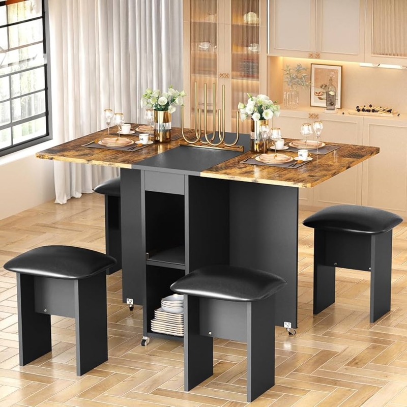 Walnut Folding Dining Table Set Mobile Storage Base Drop Leaf