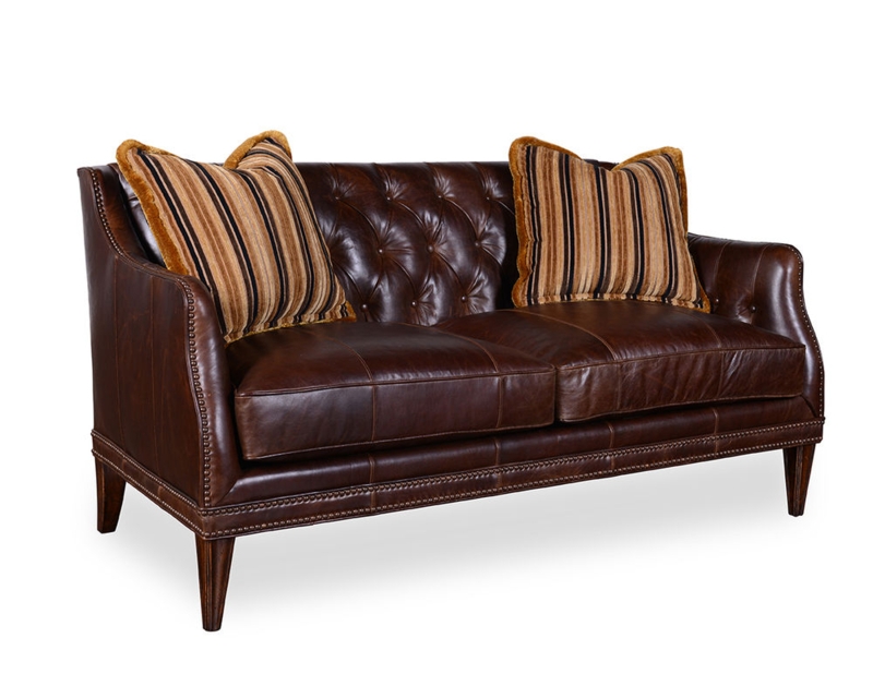 Walnut Leather-Like Settee with Button Tufted Back and Nailhead Trim