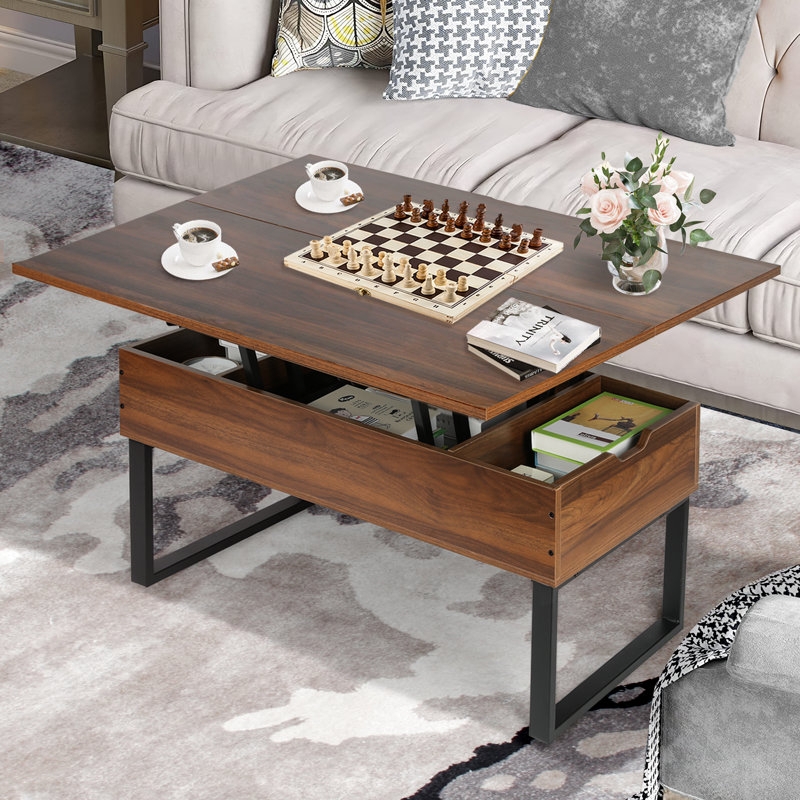 Walnut Lift Top Coffee Table on Black Metal Sled Base, Industrial Style