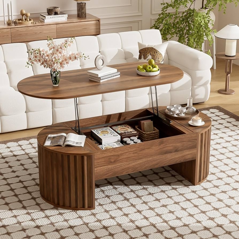 Walnut Lift Top Coffee Table with Fluted Base and Storage