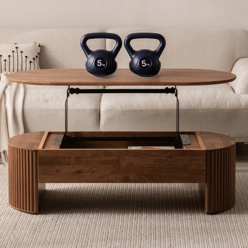 Walnut Lift Top Coffee Table with Ribbed Oval Base