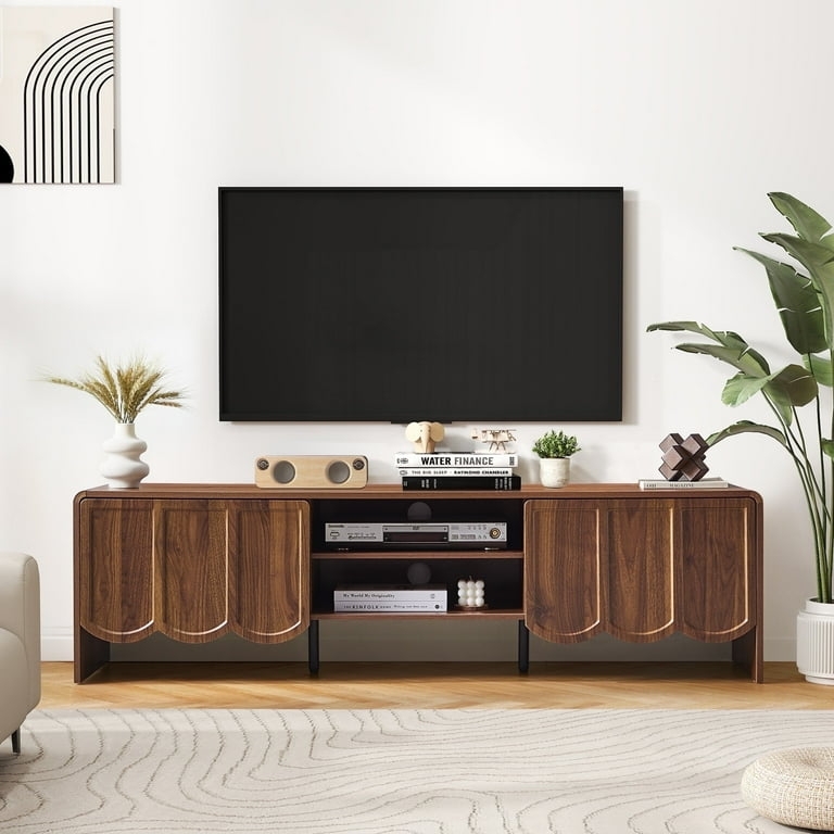 Walnut Media Console with Rounded Edges and Scalloped Sliding Doors