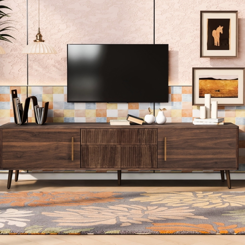 Walnut Mid Century TV Stand Ribbed Drawer Fronts