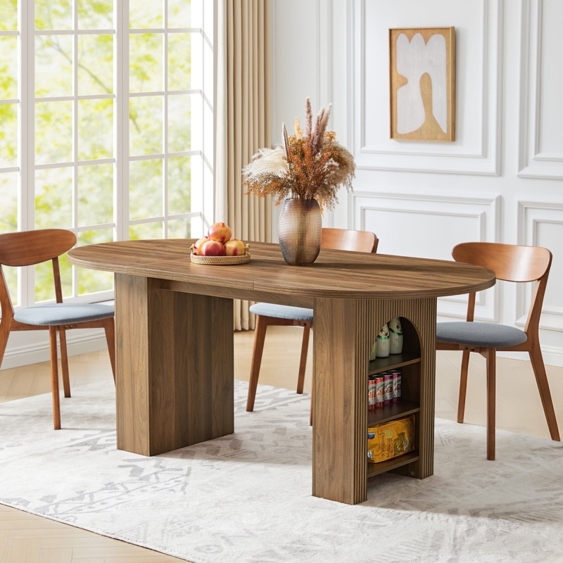 Walnut Oval Dining Table with Arched Ribbed Storage Pedestal Base