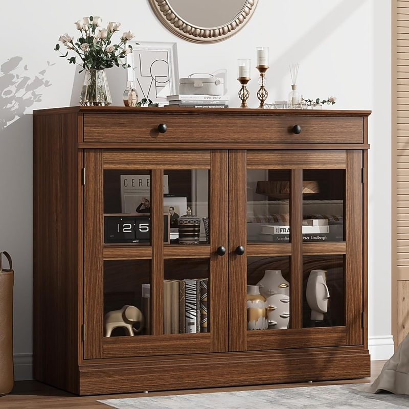 Walnut Sideboard Cabinet with Glass Doors and Wide Top Drawer