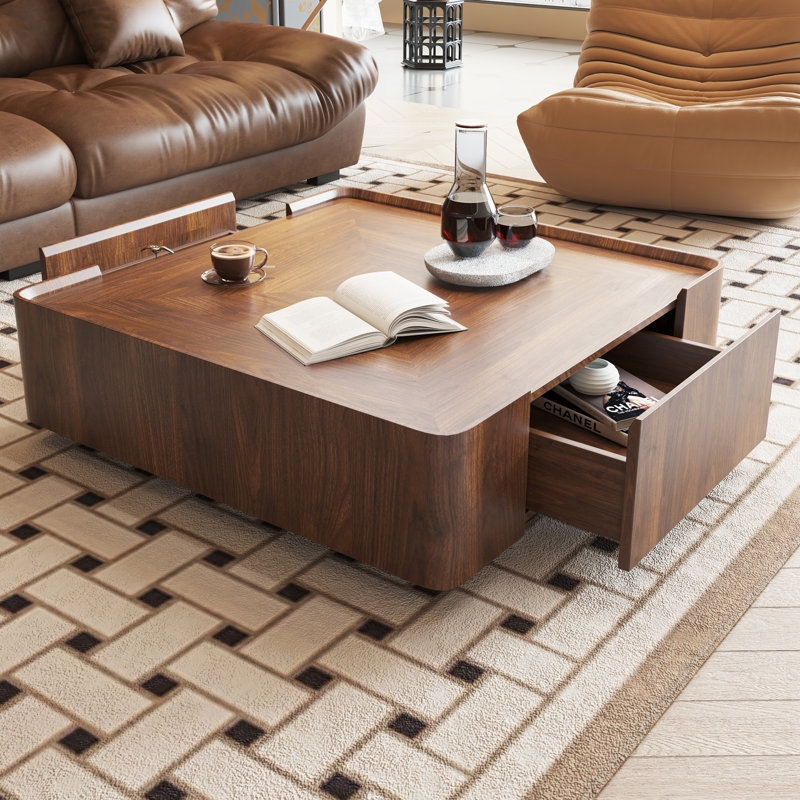 Walnut Square Coffee Table with Recessed Top and Storage Drawers