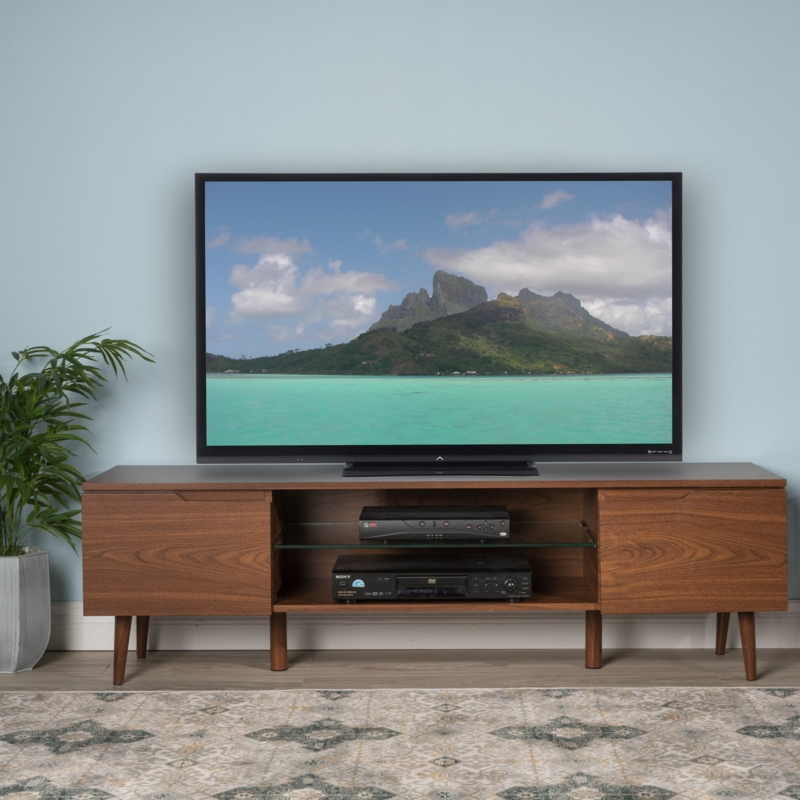 Walnut TV Stand Central Glass Shelf Tapered Legs