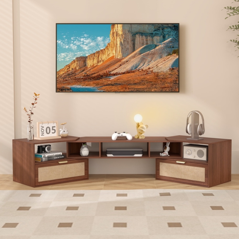 Walnut Tv Stand featuring Rotating Cabinets and Woven Drawer Fronts.