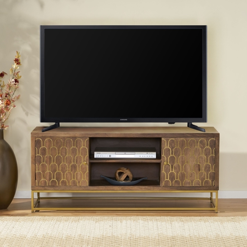 Walnut TV Stand Gold Scale Pattern Sled Base Glam