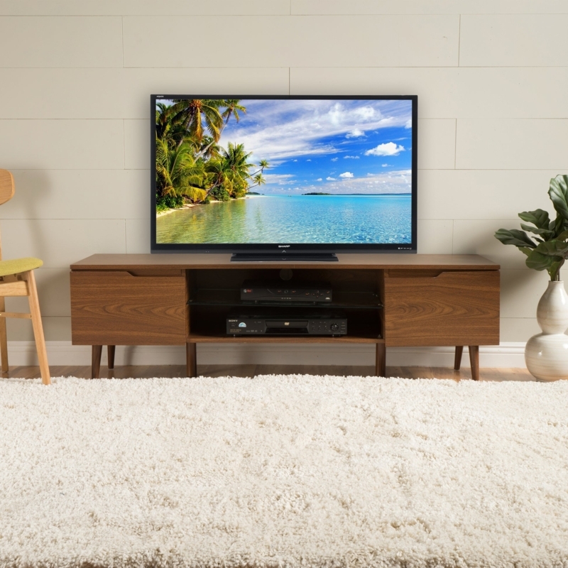 Walnut TV Stand Sliding Doors Splayed Legs MCM