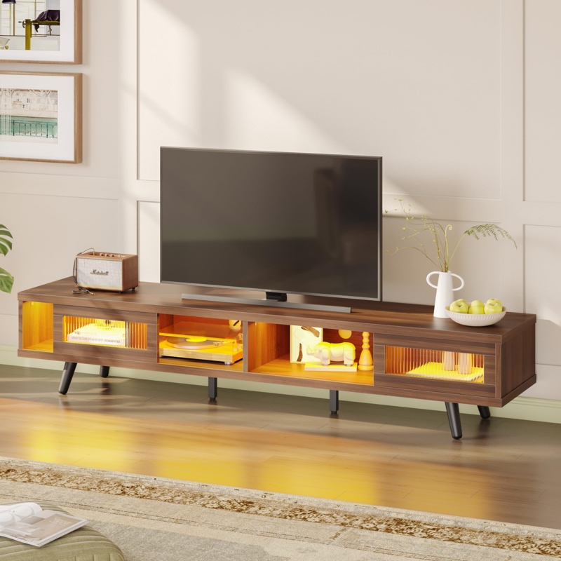 Walnut TV Stand with LED Lighting and Ribbed Sliding Doors