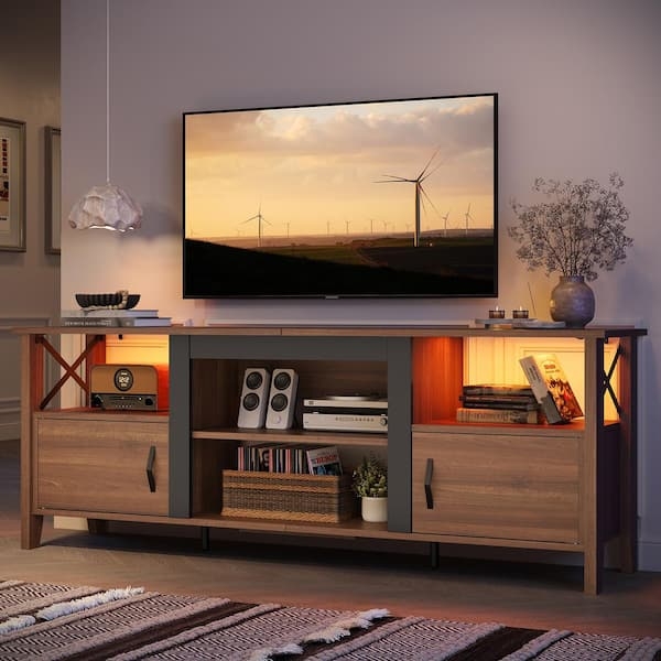 Walnut TV Stand with Lights, X-Frame Sides & Integrated LED Lighting