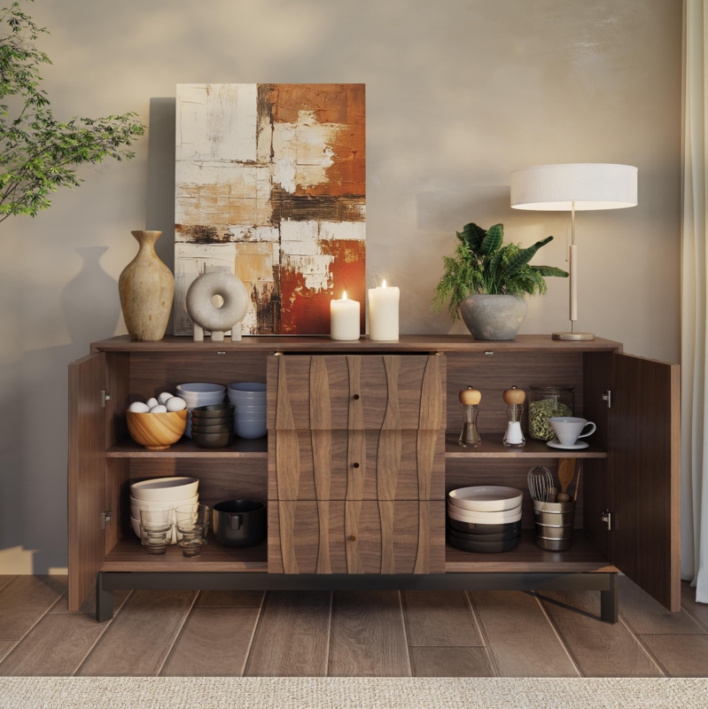 Walnut Wood Credenza with Angled Legs and Three Drawers