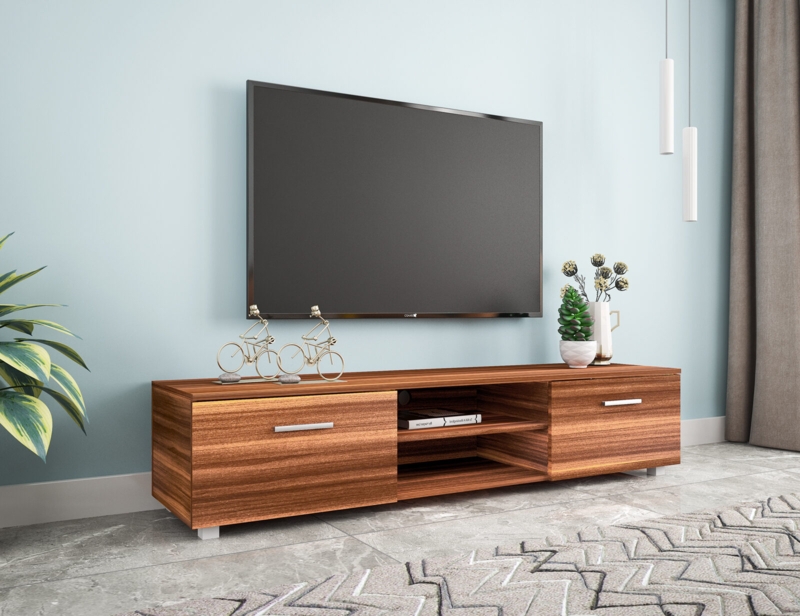 Walnut Wood TV Stand Low Profile with Silver Horizontal Handle Pulls