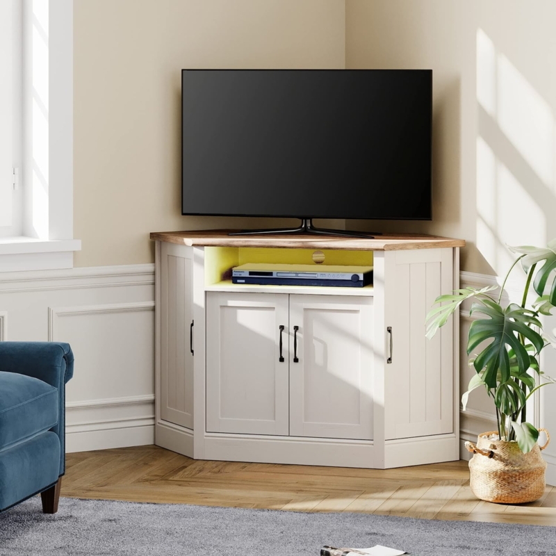 WAMPAT Corner TV Stand for TVs up to 55 with 16 Colors Adjustable,  Farmhouse Television Stand Corner Cabinet with Open Storage for Living Room  Bedroom, White&Oak -