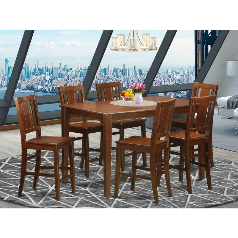 Warm Brown Counter Height Dining Set with Six Slat Back Chairs
