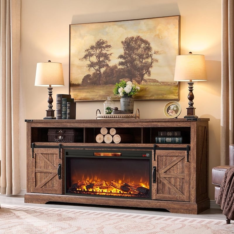 Warm Brown Fireplace TV Stand Sliding Barn Doors Cozy Hearth Media Stand