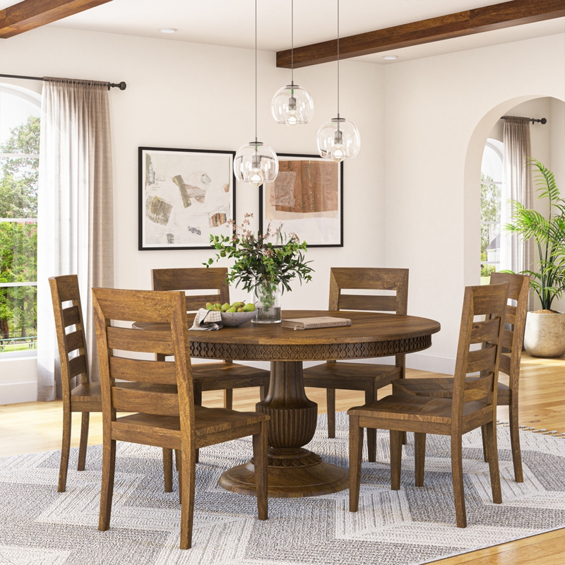 Warm Brown Wood Round Dining Table, Carved Pedestal, Ladder Back Chairs