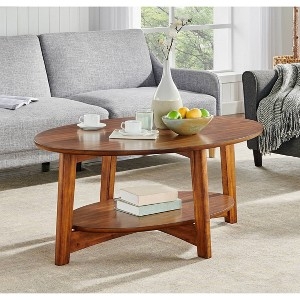 Warm Chestnut Oval Coffee Table with Lower Storage Shelf