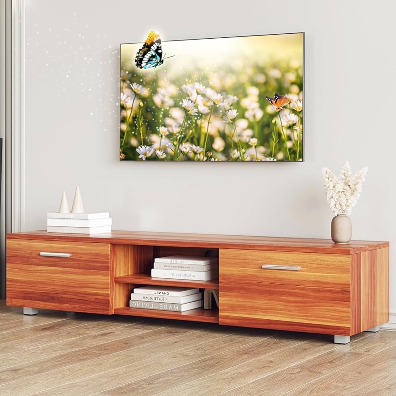 Warm Media Console with Horizontal Pulls and Open Shelving