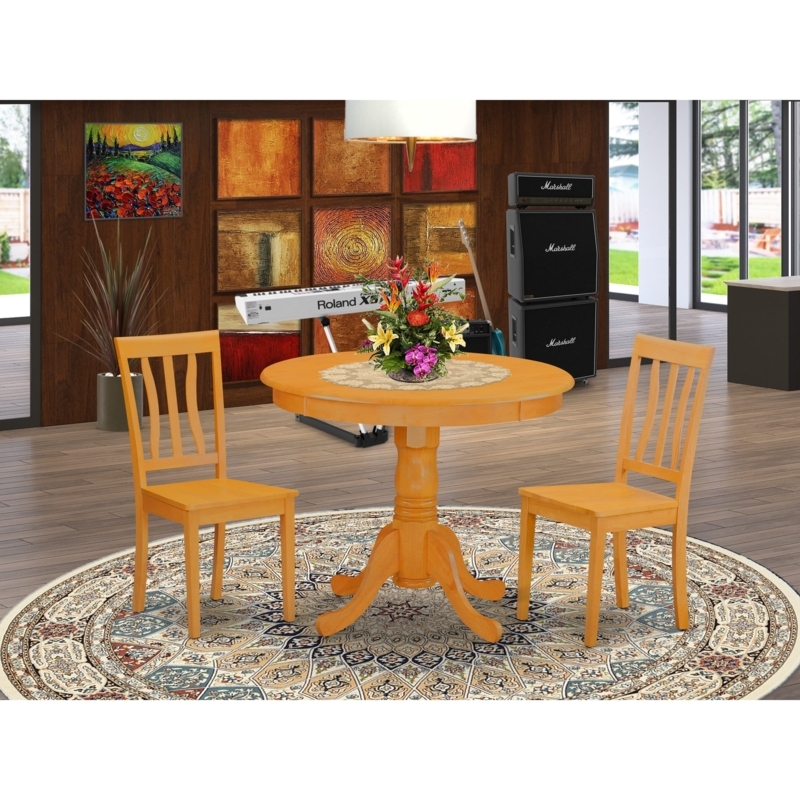 Warm Oak Dining Set featuring Round Pedestal Table and Slat Chairs