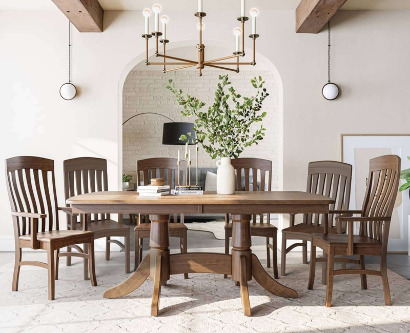 Warm Wood Double Pedestal Dining Set with High Slat Back Chairs