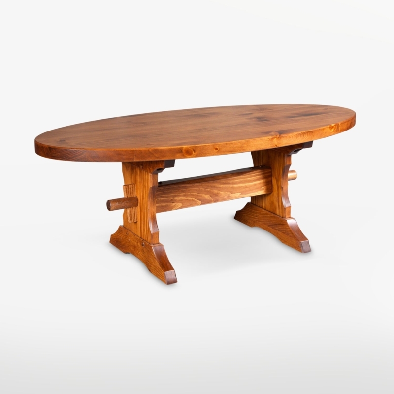 Warm Wood Oval Coffee Table with Trestle Slab Legs and Chamfered Edges