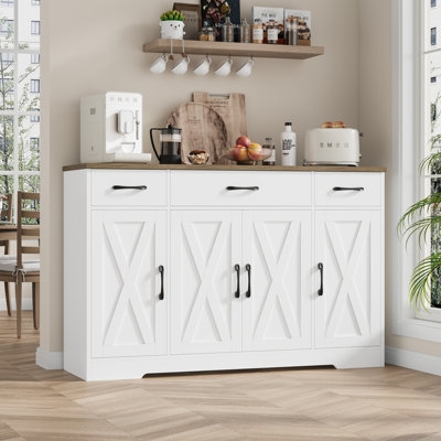 Warm Wood Sideboard with Ribbed Doors, Center Drawers, and Gold Accents