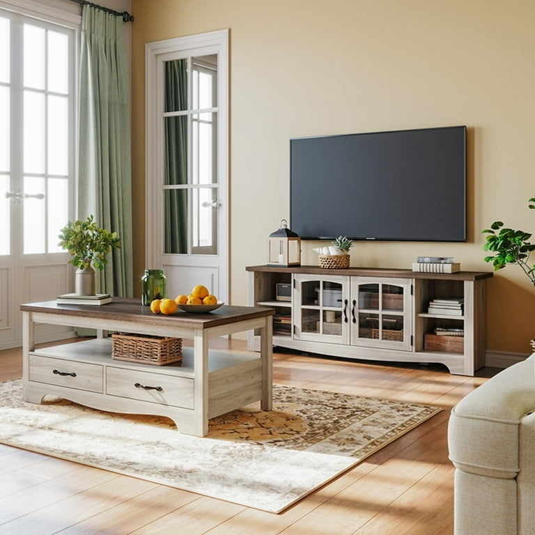Washed Grey TV Stand Modern Farmhouse Matching Coffee Table Set