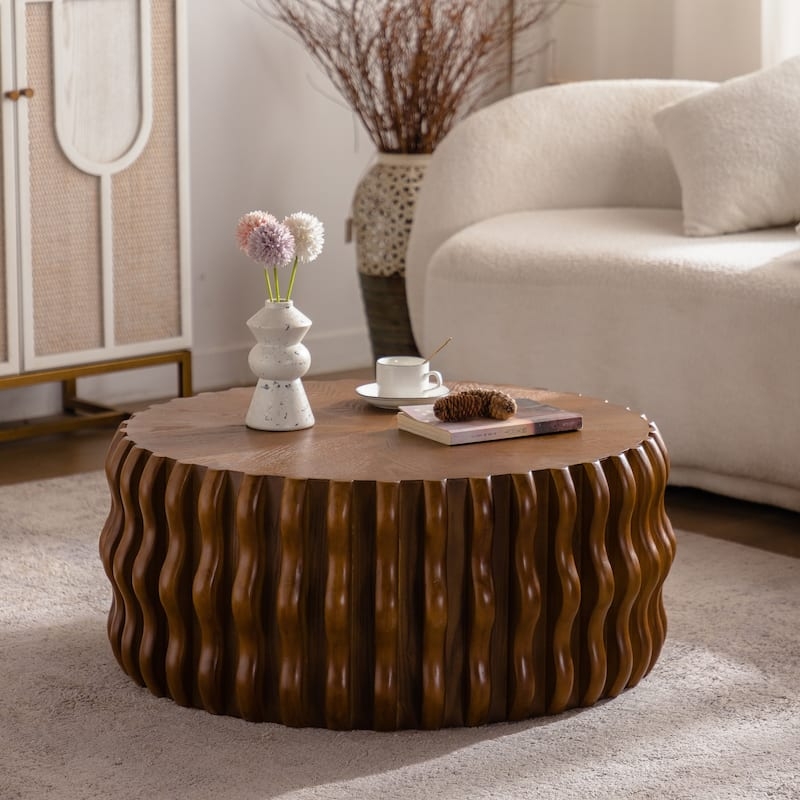 Wavy Fluted Coffee Table, Round Drum Shape Organic Modern Style