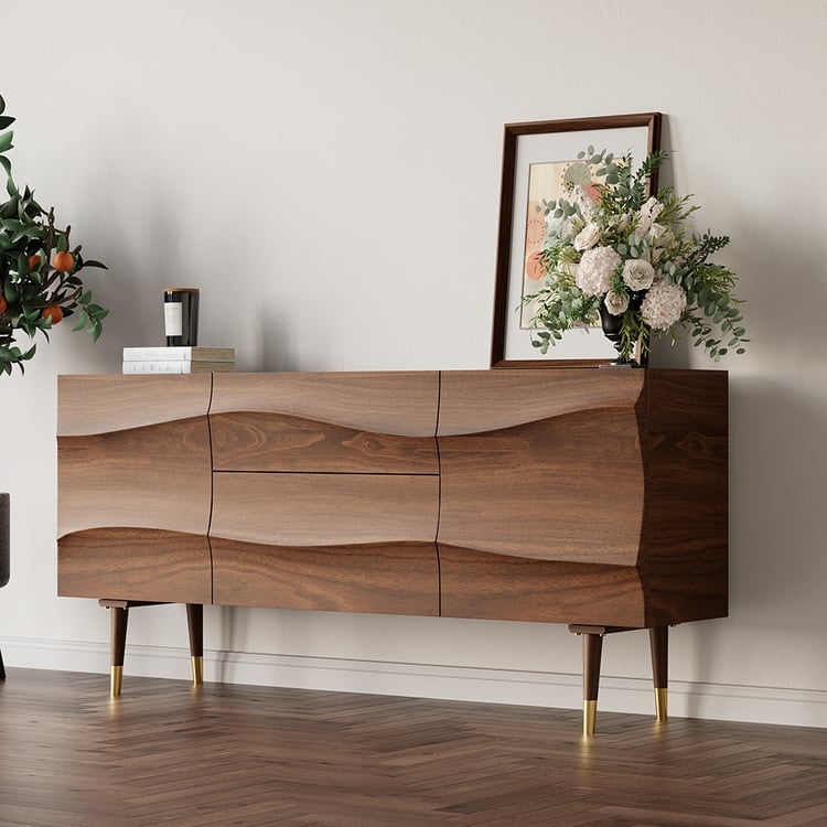 Wavy Walnut Sideboard with Sculptural Front & Gold Tips