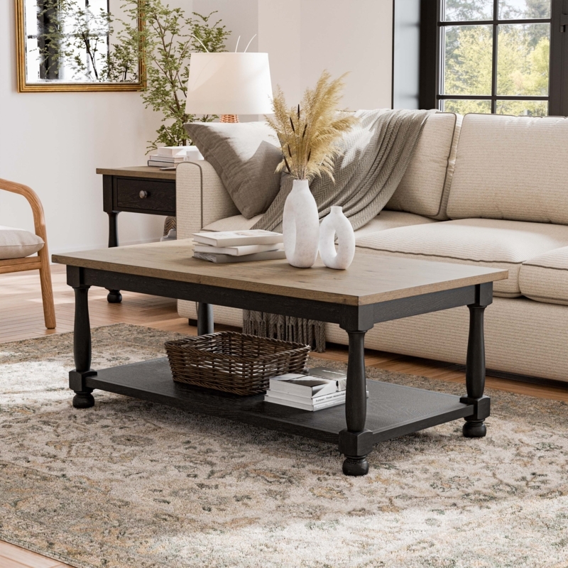 Weathered Black & Brown Coffee Table Turned Spindle Legs Open Shelf