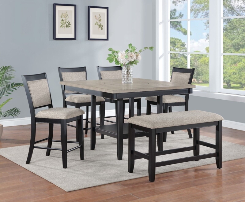 Weathered Gray Counter Height Dining Set with Lazy Susan and Lower Shelf