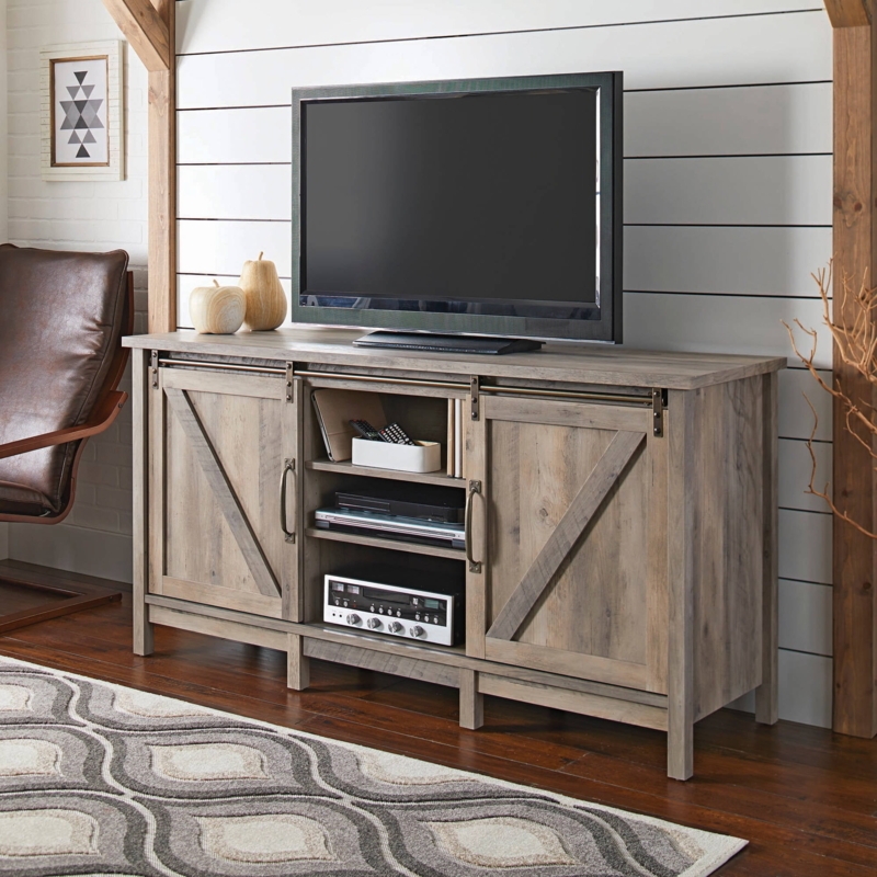 Weathered Gray Farmhouse TV Stand Sliding Barn Doors X-Brace