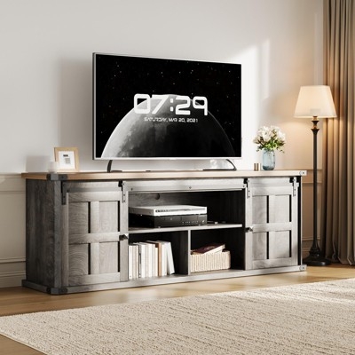 Weathered Gray Farmhouse TV Stand Sliding Barn Doors