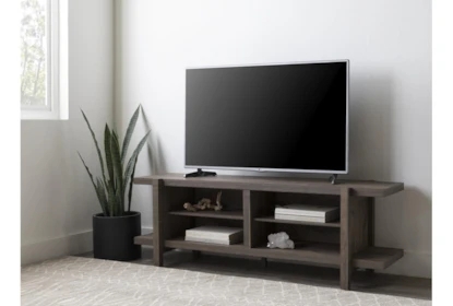 Weathered Gray TV Stand with Stepped-In Open Shelving